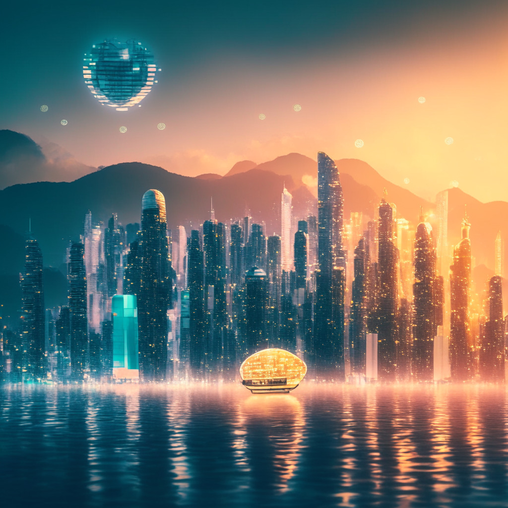 A digitally constructed Hong Kong skyline under an ethereal evening light, Vibrant-hued cryptocurrencies floating like futuristic blimps in the sky signify the diverse crypto investments. The mood is hopeful yet mysterious, with soft illuminations reflecting the innovation and potential risks within the crypto industry. A trickle of golden light outlines offshore Chinese financial structures symbolizing the city’s regulatory openness.