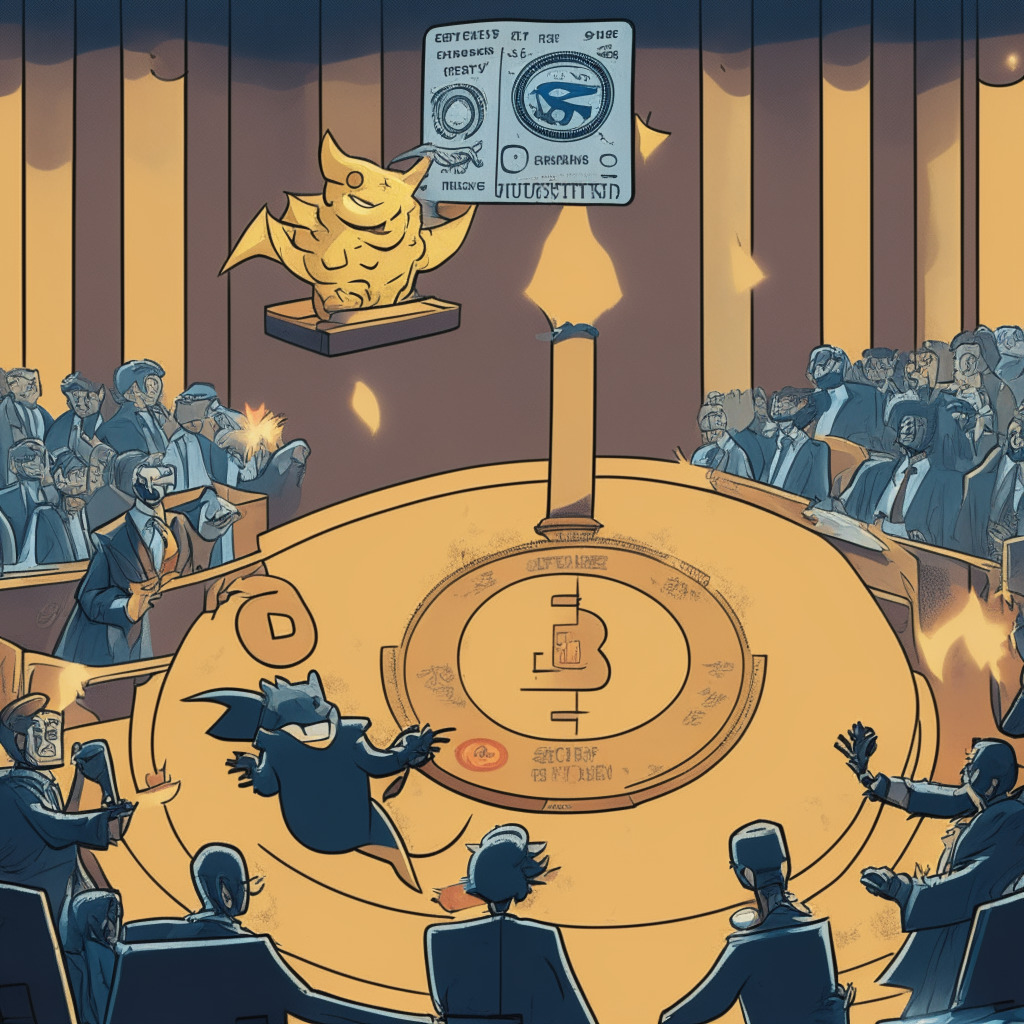 Illustration portraying a tense courtroom scene ignited by crypto regulations debate. Central figure, represented as SEC chair, faces a flurry of criticisms and questions from antagonistic silhouettes. Overhead, a symbolic scale dangles precariously, its pans carrying a Bitcoin symbol and a comic Pokemon card, illuminating the fraught crypto-regulatory discourse. Employ a muted, monochromatic palette to reflect the somber, heated atmosphere.