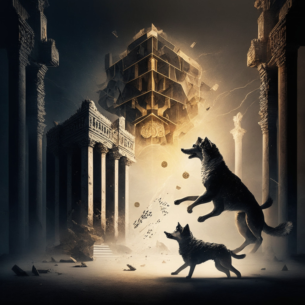 A conceptual, abstract scene with a battling dual motif, encapsulating the competition between Dogecoin and Cardano as entities. One side displays a playful dog (Dogecoin), whilst the other an architectural masterpiece (Cardano), their energy collides in a ferocious battle. Mood is tense and dramatic, in a dusky, dimly lit setting to denote market uncertainty.