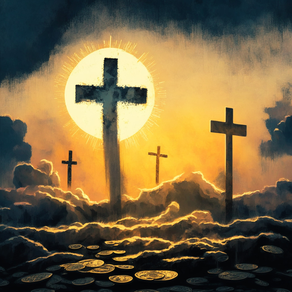 Picture a golden cross under a twilight sky symbolizing the Dollar Strength Index's rise, Bitcoin coins lying scattered around on a bearish market background. Scene highlights fluctuations in global economy with subtle hints of inflation fears. Artistic style: massy brush strokes in muted tones for a somber mood reflecting potential recession.