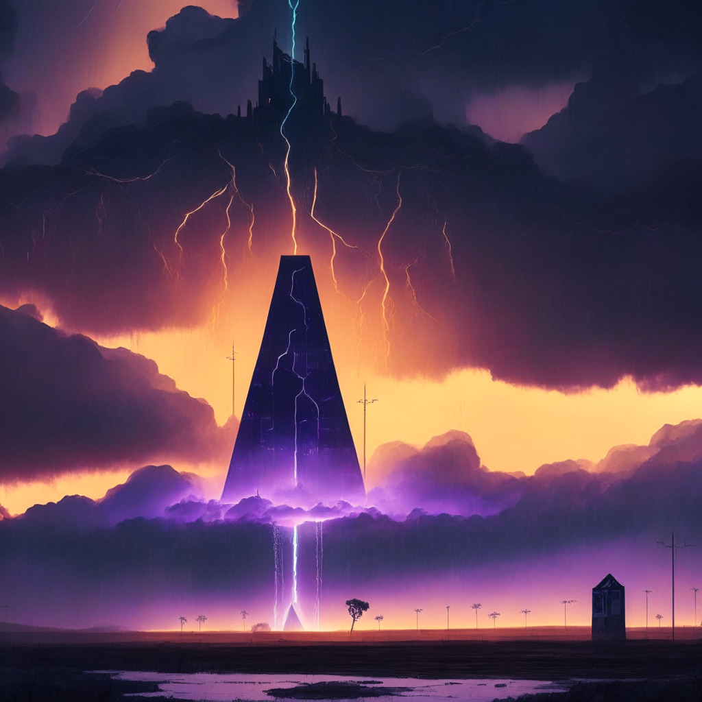Ethereum's switch from PoW to PoS symbolized by a towering structure glowing in soft sunset colors, 57% of which darkens, revealing a concerning compliance downgrade. U.S regulations loom in the backdrop like dark storm clouds. Scene reflects a dualistic mood of determination and unease.