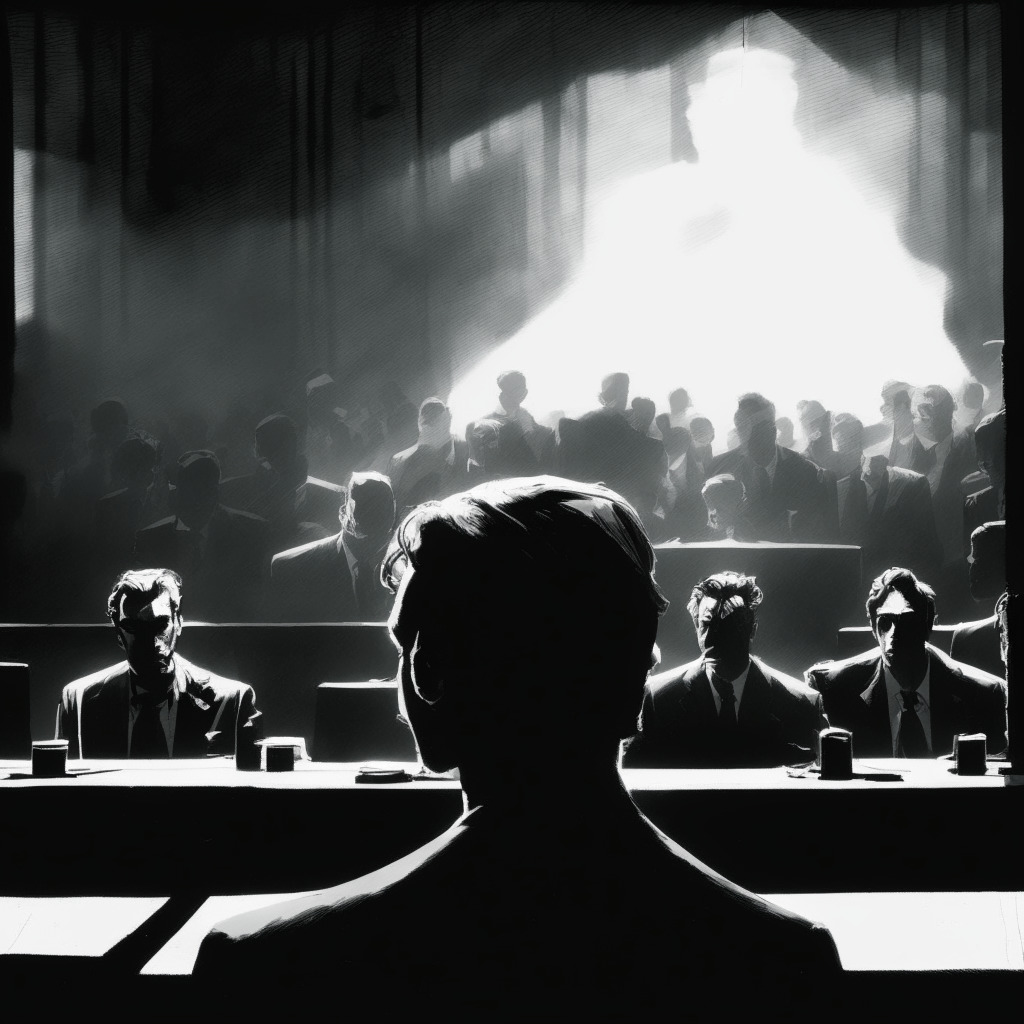 A courtroom filled with tension, spectral image of Sam Bankman-Fried facing a manifest jury, emptied crypto exchange in the background enveloped in a sombre silhouette, looming over a void indicative of the lost billions. Muted tones and shadows swim across the scene reflecting a tense atmosphere, light casting sharp edges to suggest accusatory gazes, sombre emotions saturating the scene.