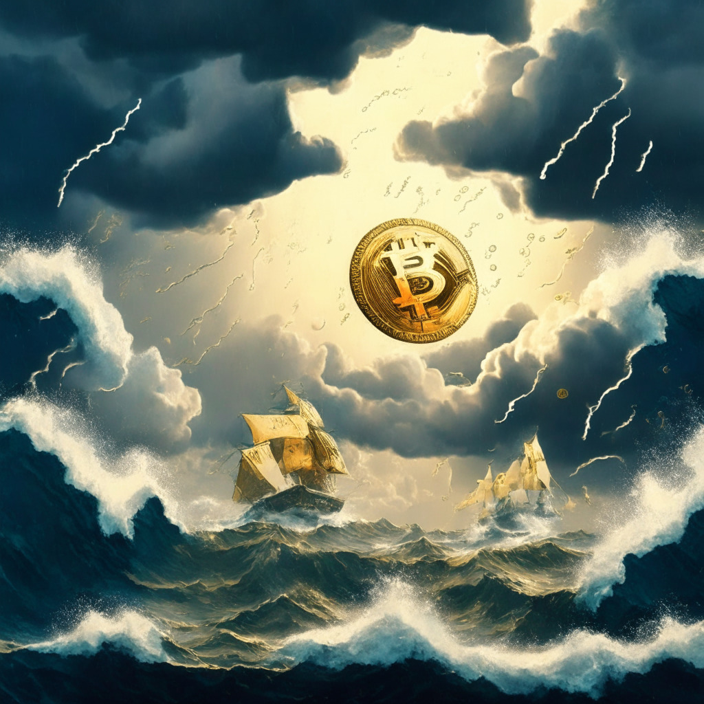 Diverging fortunes in a crypto market battleground: Depict an atmospheric, stormy seascape to symbolize Stellar Lumens' downturn, tumbling coins to signify an 8% drop, and a sunken ship to portray the loss of crucial support. On the opposing side, a shining, golden Bitcoin BSC coin rising above stormy clouds, symbolizing innovation, sustainability and hope against the atmospheric backdrop. Use renaissance style, dramatic lighting to heighten contrast, convey tension and turmoil.