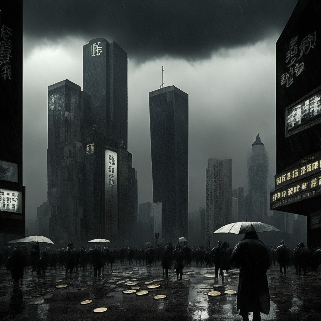 Gloomy Hong Kong skyline under stormy skies, crypto coins raining down, increasing in size and value as they approach ground. A looming edifice marked 'SFC' stands resolute, casting long shadows over an exchange booth labeled 'JPEX', the booth appears abandoned, shrouded in uncertainty. On one side, a public square filled with individuals withdrawing coins, their faces reflecting fear and disbelief. On the other side, vibrant startups pulsing with innovation, growing despite the ominous environment.
