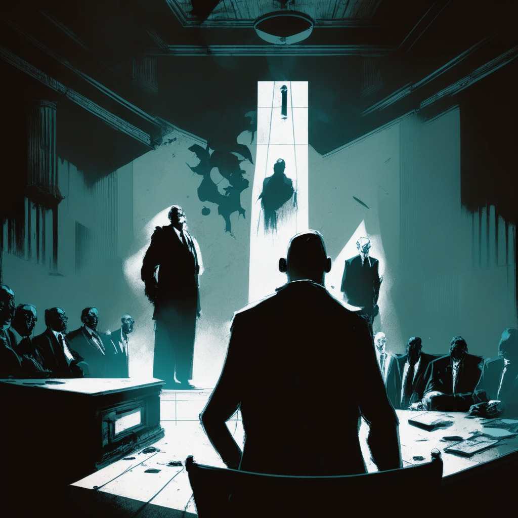 Dramatic court scene with fierce lighting reflecting the severity of the judgement, dominating the room is the figure of the judge, emphasizing authority, lines of tension radiating, conveying a stern warning. The mood darkened by the looming shadow of a shattered crypto coin, shattered trust in crypto exchanges. In the background, abstract representations of other cryptocurrencies show signs of resilience, shift in trends, rising market caps, hint at potential bullish reversals, a muted palette reflecting market uncertainty, yet a faint glow suggests persisting optimism, intrigue, unpredictability in the crypto space.