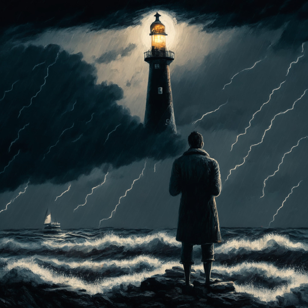 Dimly-lit scene of a lone investor overlooking tumultuous seas, symbolizing the unpredictable Bitcoin market, under a stormy sky, to reflect uncertainty. In his hand, a diminishing candle, illustrating dwindling short-term Bitcoin profitability. In the distance, a lighthouse (SEC) with a slow, steady light symbolizing the pending ETF decision.