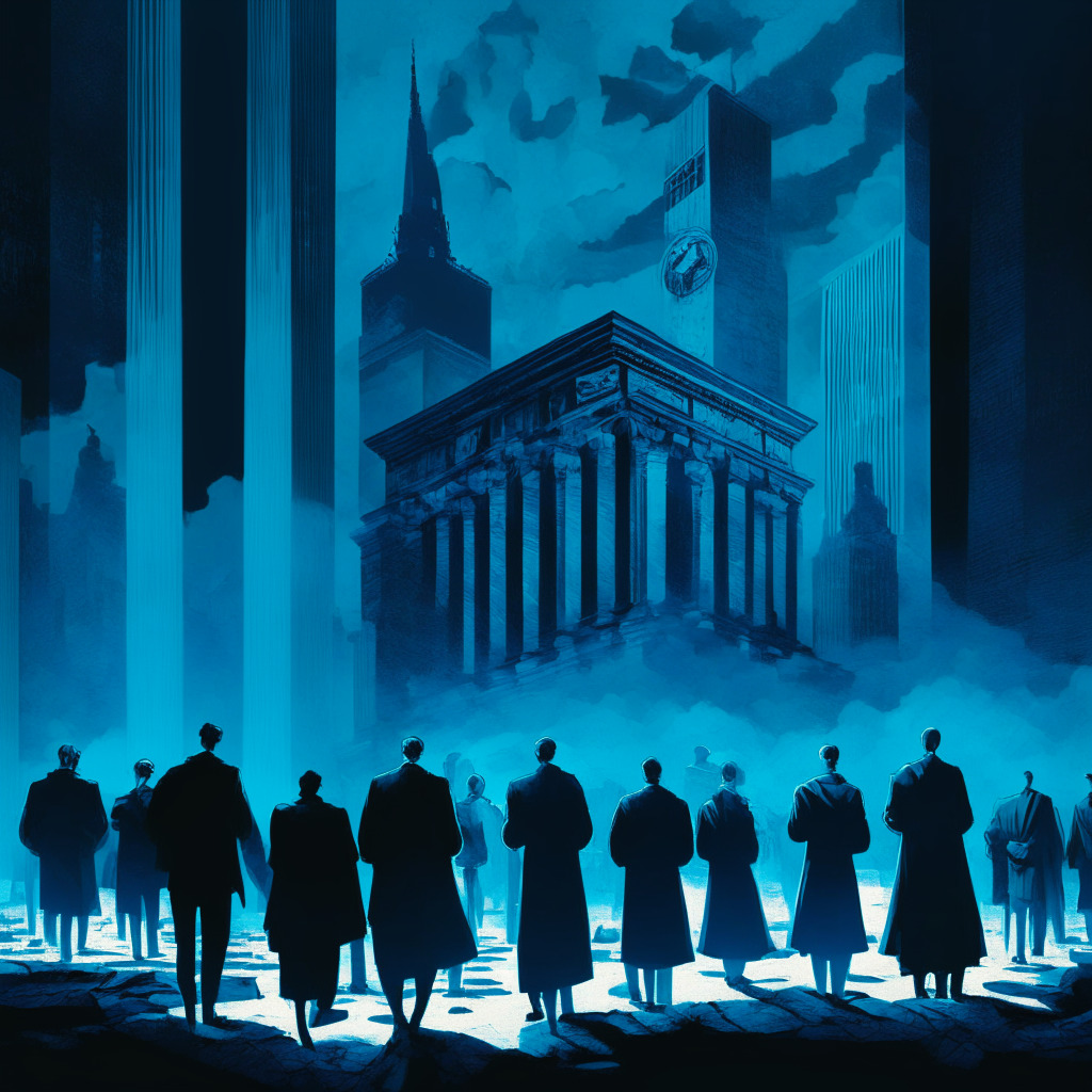 Diverse group of investors in a fluctuating crypto market against a dark, moody backdrop, cashing out their symbolic stablecoins into traditional buildings representing assets. Dominant hues of blues implying instability, punctuated with bright lights of hopeful growth and diversity. A beacon shines in the distance, symbolizing a shift towards fixed-income securities and higher returns. Shadowy representations of new entrants subtly influencing the scene, conveying a sense of uncertainty and unpredictability of the stablecoin future.