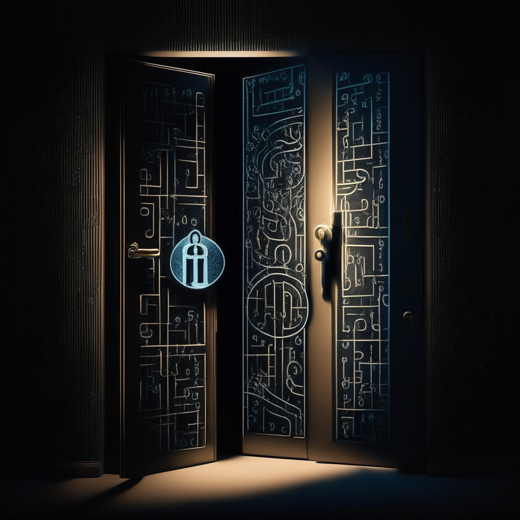 Conceptual image of a door engraved with sophisticated code patterns representing Web3, being unlocked with familiar social media icons. Keyhole imbued with a soft glow signaling secure access. Setting invokes twilight with contrasting stark shadows and mellow tones, a metaphorical balance between ease of access & security. Mood: Intriguing, hopeful.