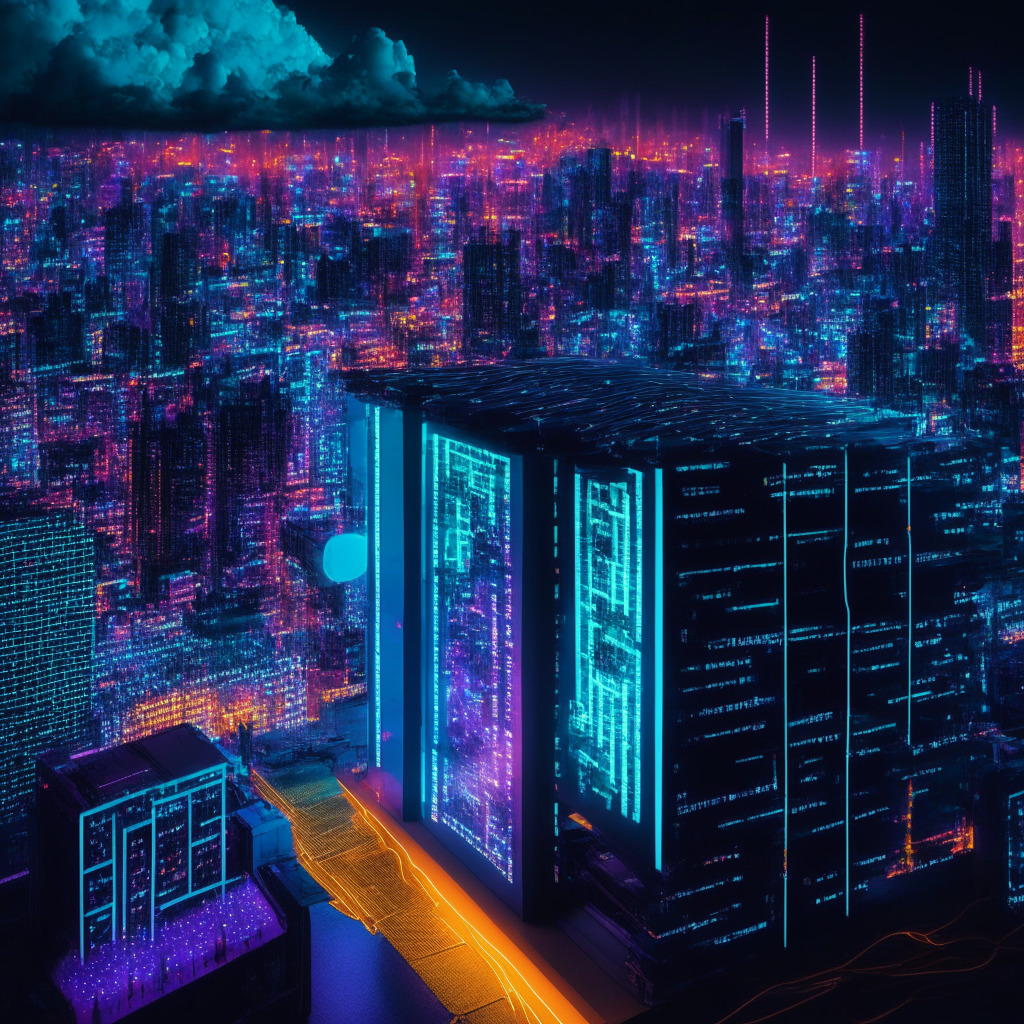 Detailed data center at scale of futuristic city, vivid technicolor, glowing AI nodes pulsing data, Tencent's huge language model depicted as radiant core. Dimly-lit alleys & mysterious digital shadows on South Korean streets highlighting scams, Singapore skyline enforcing transparency with visible KYC measures. Amid China's crossroads, a metaverse thriving while social media bans cast ominous clouds. Mood tense but hopeful, in a blade runner art style.