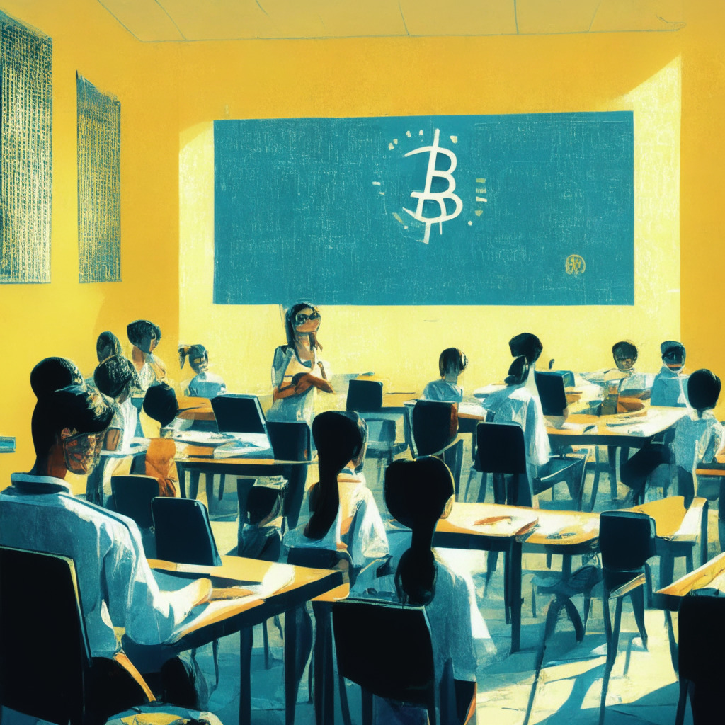 A sunny classroom setting in El Salvador, details of a digital Bitcoin symbol and students exploring cryptocurrency concepts on laptops, the mood is energetic and hopeful. Inception of a nationwide digital revolution, teachers sharing Bitcoin knowledge, in an impressionist style. A subtle backdrop showing different shades of blockchain technology. The image exudes an undertone of scepticism met with resilience.