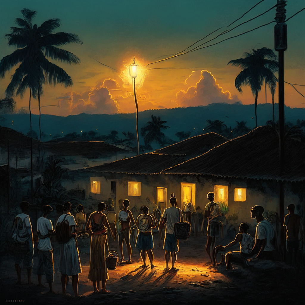 Dusk setting with radiant Cuban Artistic style; El Salvadoran landscape transitioning from traditional to digital era. A symbolic Bitcoin light beacon illuminates diverse locals engrossed in tutorials, while educators present glowing satoshis. Mood emanates hope, innovation and anticipation amid uncertainties of transitioning world economies.