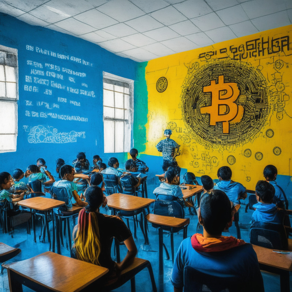 An educational classroom in El Salvador, students and teachers engaged in a lively discussion about Bitcoin under soft, warm lighting. The mood captures intrigue, excitement and a sense of pioneering courage. Illustrations of Bitcoin and cybersecurity symbols are seen in a graffiti-style art on the walls. Potential pitfalls like cybersecurity threats loom subtly in the shadows.