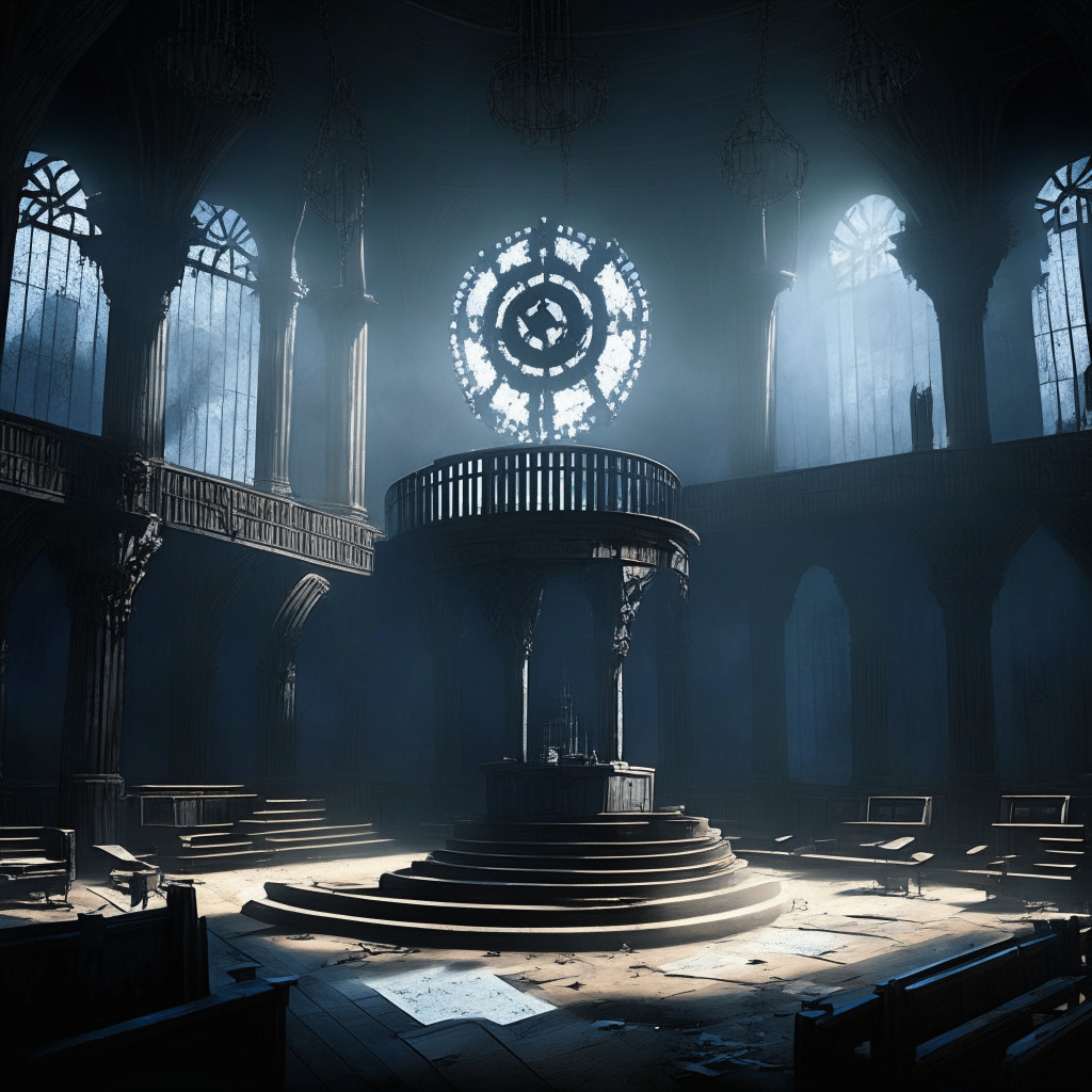 A Gothic-inspired courtroom with a gloomy aura, a lone Crypto-exchange in distressed structure center stage, symbolizing a crypto company challenged by legal battles and bankruptcy. Frozen gears and chains, submerged in shadows allude to halted operations, financial distress, towering debts. Requests subtle use of light reflecting on various individuals sneakily withdrawing assets, emphasizing the alleged fraudulent acts. A pathway of thorns leading to the courtroom, representing a tough journey ahead. Avoid hints of specific logos or brand representation.