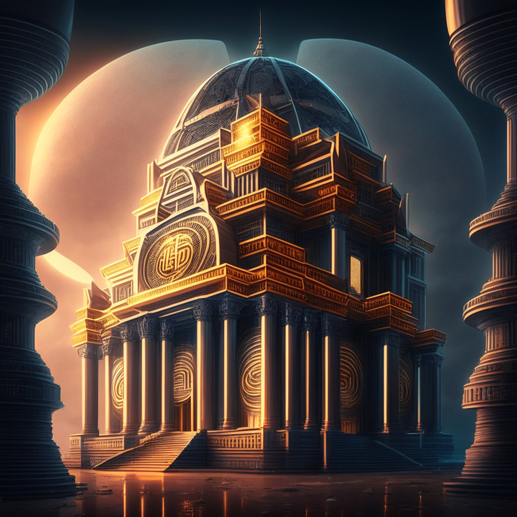 A blend of traditional and futuristic finance, grand building symbolizing a major financial institution embracing Bitcoin in dusky yet hopeful lighting. Next, a depiction of Asia, India, Nigeria and Thailand, awash with crypto icons, showing their resilience and optimism amidst uncertainty. Render in a digitally surreal style evoking an intricate, tech-futuristic mood.