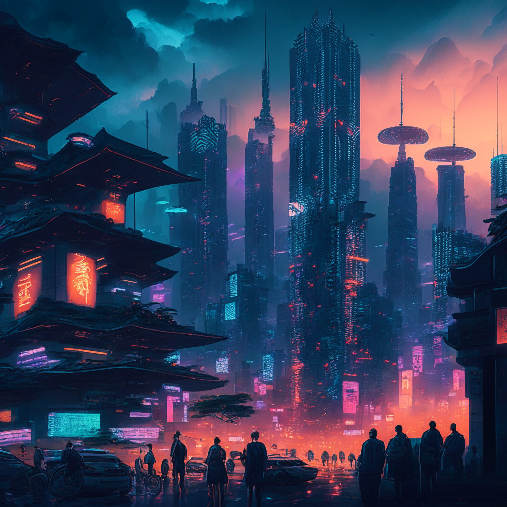 A futuristic cityscape of Taipei at dusk, under a sky filled with digital currency symbols glowing, hinting at transformative change. The buildings and streets hold a serene, electric buzz. A diverse group of people are seen engaged in thoughtful conversation, symbolizing the Taiwan Virtual Asset Platform. The vibe is one of optimism, anticipation, and innovation, rendered in a cyberpunk art style.