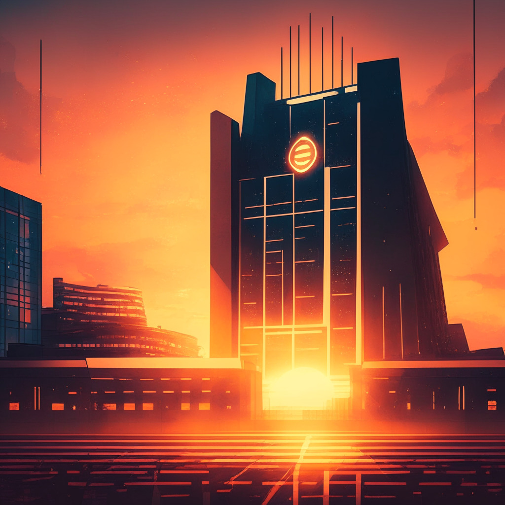 Sunset-lit government building, abstract blockchain symbols floating in the foreground hinting future regulations, representing governmental participation in technological advancements. The overall mood is calm yet pensive, with a dash of anticipation. Artistic style: Futuristic realism.