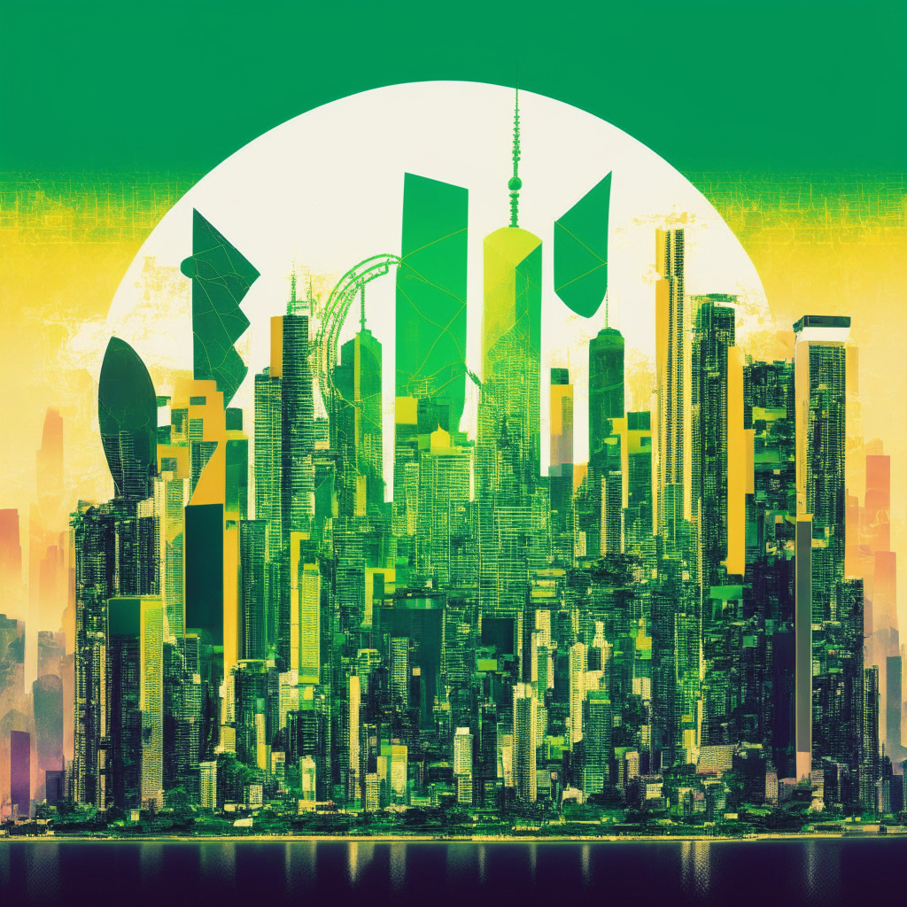 An abstract financial landscape over major Asian cities- Seoul, Tokyo, Hong Kong, Singapore, Digital assets and blockchain technology intertwining traditional architectural symbols, each representing economic growth and crypto adoption, A sunrise lighting up the scene in hues of promising green, signalling regulatory acceptance, An Eclipse shadowing to signal the dominance of Hong Kong in the crypto arena, A deep liquidity pool represented by a serene ocean, with institutions eager to dive in, An upcoming Bitcoin spot ETF depicted as a star on the horizon, waiting to be approved. Mood - hopeful and energetic.