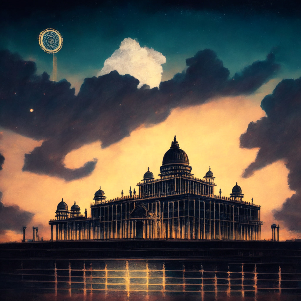 An intricate oil painting of the Indian parliament contrasted with digital currency symbols elegantly etched into the sky, twilight backdrop setting, radiating an air of anticipation, uncertainty, and hope. In the foreground, a physical copy of crypto regulations highlighted, the image slowly transitioning from traditional to digital.