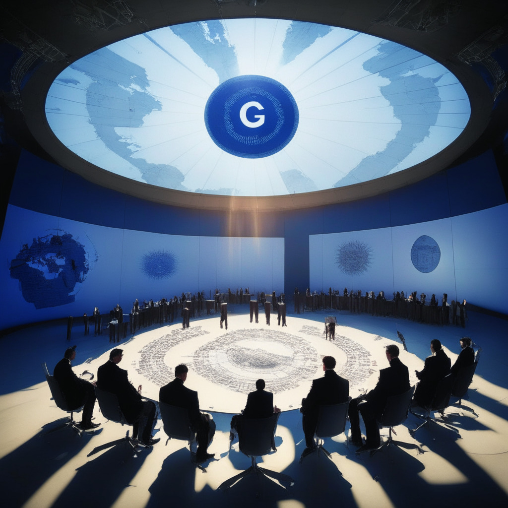G20 summit room with representatives collaborating, a large screen showing a digital world map linked with blockchain lines. A giant symbolic crypto coin hovering above them, half bathed in sunlight representing regulation, and the other half in shadows symbolizing privacy. Mood: Somewhere between hope and apprehension.