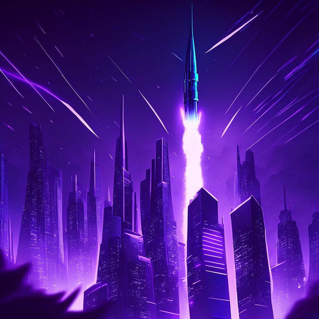 A futuristic cityscape at dusk with towering skyscrapers illuminated in electric blues and purples to represent the digital frenzy of the ATM token's surge. A rocket in mid-launch, symbolizing the token's unprecedented increase, streaks across the darkened sky. The city is atomic with small points of lights; these lights represent multiple investors interacting in the market. Uncertainty hangs in the atmosphere, conveyed by hazy fog creeping over the city, hinting at possibilities of a pump-and-dump event. Distinctively separate, a digital whale dives into a glowing sea of gold coins, implying the involvement of big players. The image carries a surreal, neon-noir style, capturing the enigmatic charm and volatile nature of the crypto market.