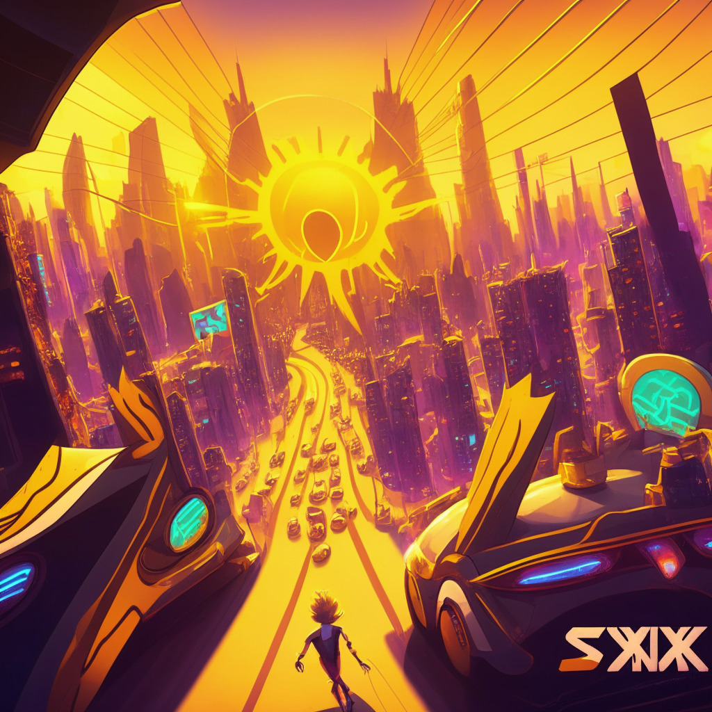 A cinematic scene of a sun-powered futuristic city with an impressive skyline, the city's energy pulsating representing the rise of SolarX crypto. Art style surreal and vibrant, a roller-coaster nearby, symbolizing the crypto market's dynamics. The city's streets are populated with unique meme characters cheerfully participating in a contest, representing Meme Kombat. The scene is illuminated by a shining sun, symbolizing solar power and instilling a hopeful mood.