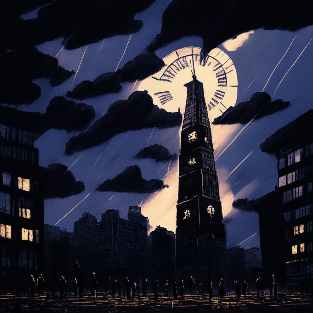 A digital painting of Mt. Gox's Bitcoin crisis. A twilight scene in Tokyo, with looming dark clouds representing the uncertainty around Bitcoin's repayment promises. A large clock tower, stuck at Oct 31, symbolizes the endless delays. Unsettled investors depicted as shadow figures, surrounded by the cold glow from their devices, hinting skeptism. Artistic style reminiscent of film noir, echoing the mood of mistrust, betrayal.