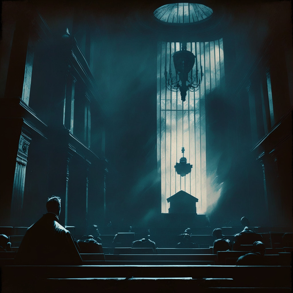 Gloomy courtroom ambience, grandly dressed judges pronouncing an 11,196-year sentence to a crypto CEO, a ghostly ethereal representation of a bitcoin behind the bars, moments of regret frozen on defendant's face, a backdrop of a toppling crypto tower symbolic of the fallen Thodex. Atmosphere saturated with foreboding, a chiaroscuro light play underscoring the drama of justice dispensed, and a stark Reinassance geometric perspective emphasizing the magnitude of the crime.