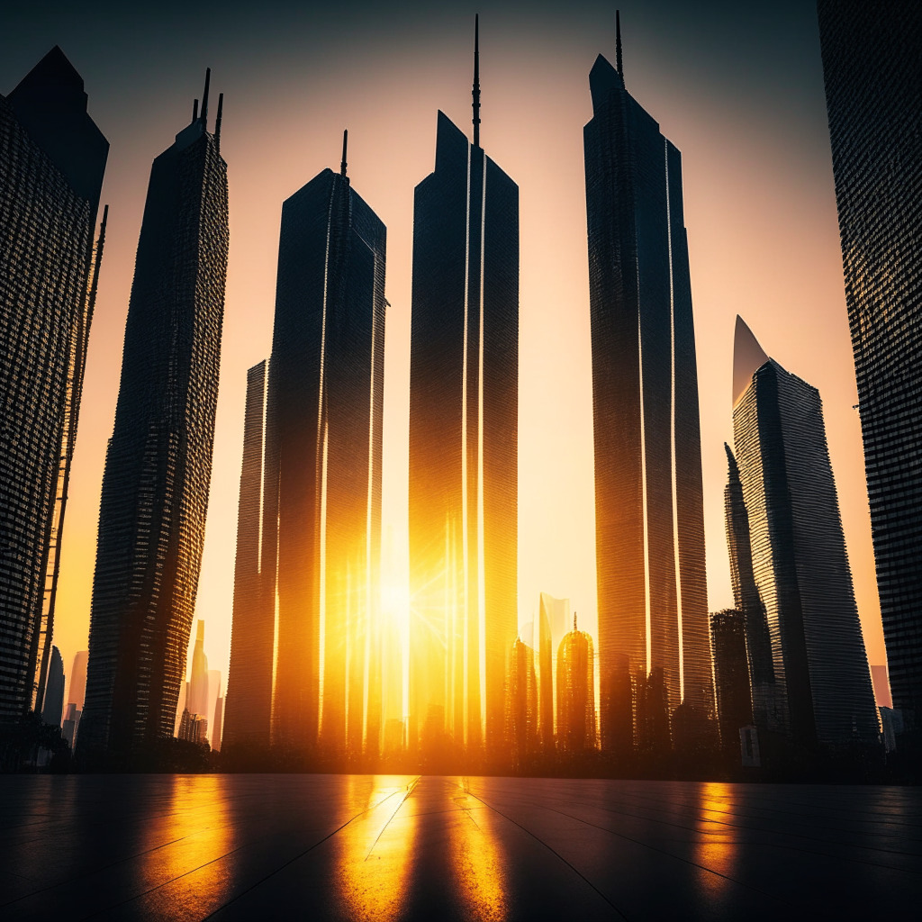 Sunrise in a futuristic cityscape, reflecting the dawn of a new technological era, skyscrapers symbolizing the Big Four standing tall, with one prominent, representing EY. Rays of light illuminate a path, symbolizing a $1.4bn investment into AI. The city bustles with signs of prevalent AI integration, evoking caution and anticipation. The mood is mysterious, the art style is cyberpunk.