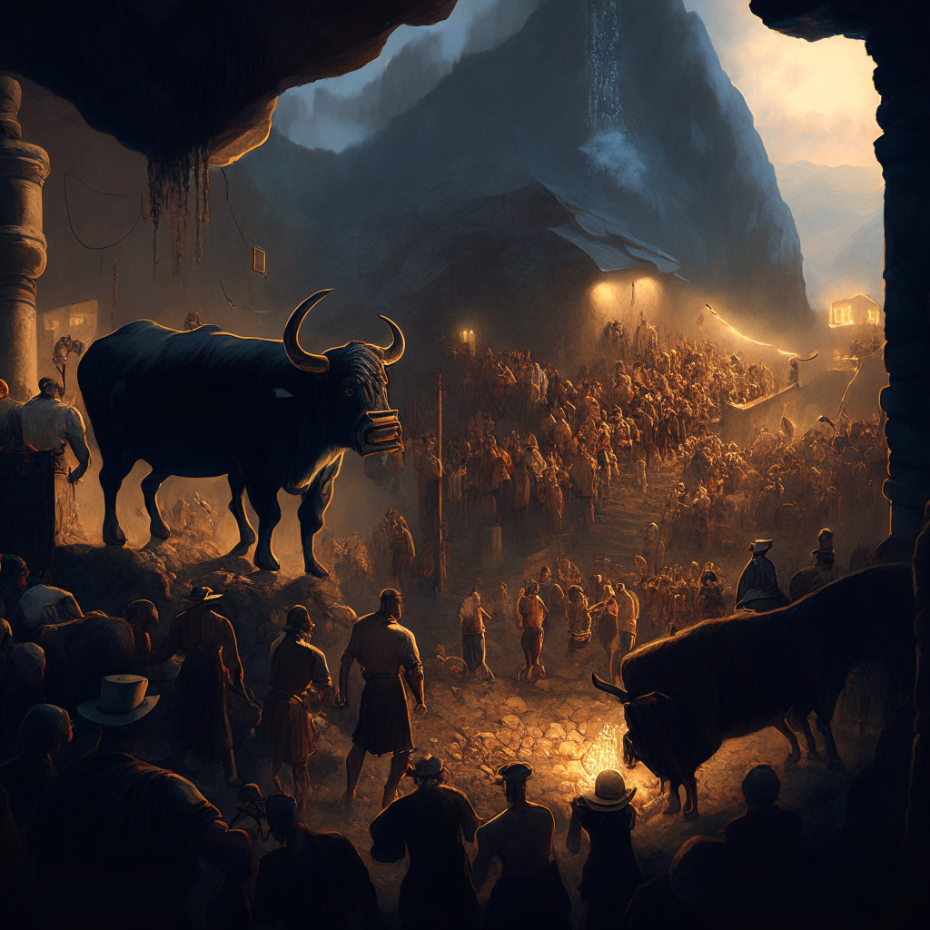 A dim-lit, Renaissance inspired image capturing a bustling market scene symbolizing the volatile cryptocurrency landscape. Miners hard at work on the left side, representing F2Pool returning the overpaid bitcoins, evoking a sense of integrity. In the background, a bull climbing a steep hill, symbolizing bullish sentiment and optimism for THORChain's upswing. Scattered throughout, subtle representations of other cryptos like Bitcoin BSC, Bitcoin Cash, and Wall Street Memes represented as various merchant stalls, each unique yet integral to the scene. In the right corner, a figure attentively studying charts and figures, embodying the importance of meticulousness in transactions, risks, and potential fluctuations. Mood: Atmospheric and engaging, imitating unpredictability of the crypto world.