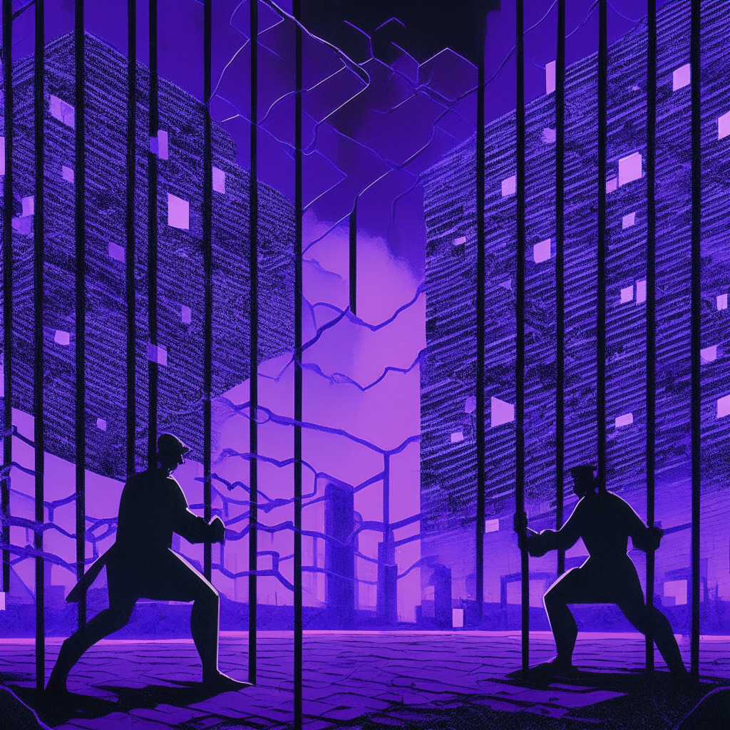 A tense standoff on shadowy gridded ground represents the escalating conflict between SEC and Binance.US. Unsettling purples and blues describe dusk lighting, creating a sense of ominous expectancy. Sharp, angular structures symbolize legal structures, while blockchain links float mysteriously in the background. A thin metallic fence is illustrative of regulatory boundaries, with vibrant sparks embodying the controversies involved. The scene is situated under a tumultuous sky suggesting conflict and a search for resolution, encapsulating the struggle between regulation and creative innovation.