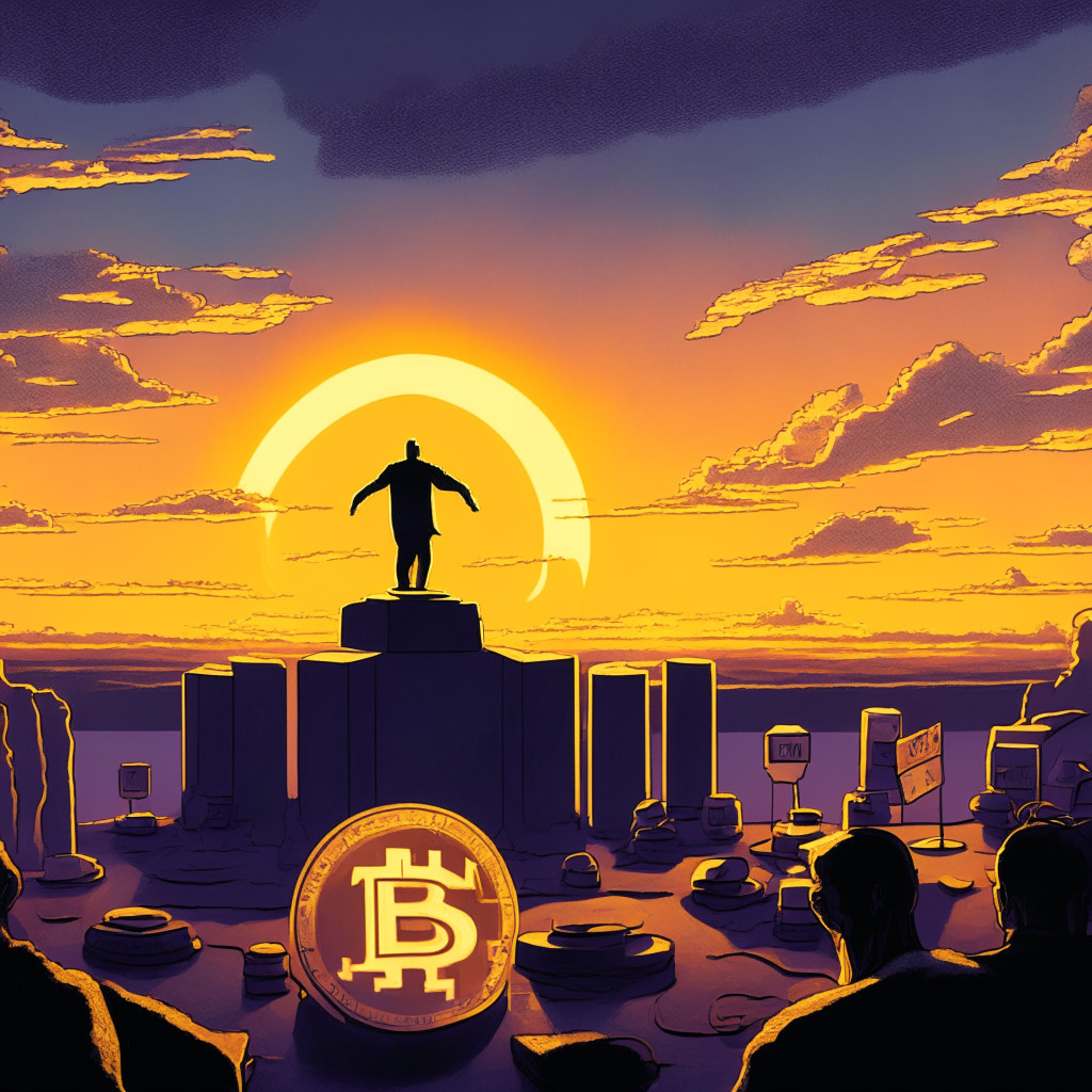 An expanse of the crypto-market landscape with the personified U.S. SEC at its center, holding a scale weighing 'approval' and 'rejection' of ether ETF. The scene bathed in an anticipatory sunset glow, rendered in a stark Edward Hopper style. A contrasting scenario frames ether and bitcoin as key competitors in a race on a stock market track. Their positions fluid, reflecting their volatile trading dynamics. A dramatic mood dominates, suggesting the significant market implications.
