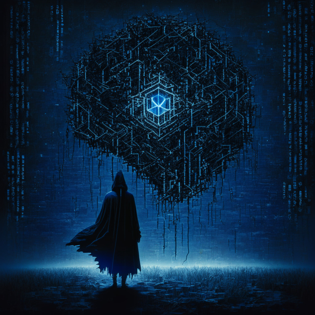 A tense digital landscape encapsulated by a mysteriously shrouded hacker, represented by a cloaked figure hovering over an intricate network matrix, symbolizing Ethereum. The scene is bathed in a somber midnight blue, emphasized by dim back-lighting to exude unease, trepidation. In the forefront, a shattered chain link, representing compromised cybersecurity, rests under a cold white spotlight. The shadow of an unsuspecting victim is stretching towards an alluring but deceptively wrapped gift box, symbolizing the malicious NFT link.