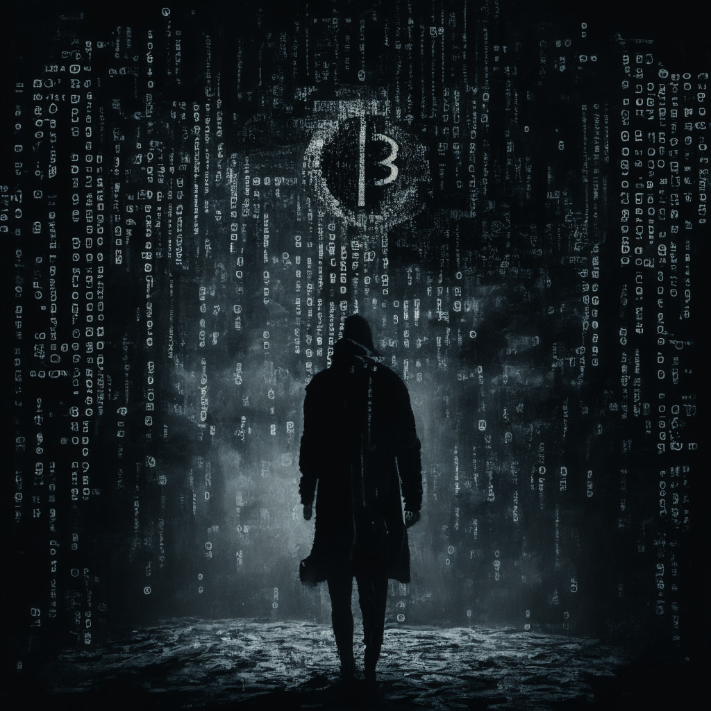 Digital noir style image portraying a cyber world of cryptocurrency. Focus on a distressed, shadowy figure representing Ethereum's co-founder, on a backdrop of swirling binary code representing the hack. Incorporate soft distant sirens indicating the high stakes of crypto security. Infuse the depicted scene with dramatic, possibly stormy, lighting, emphasizing the chilling and grim atmosphere.