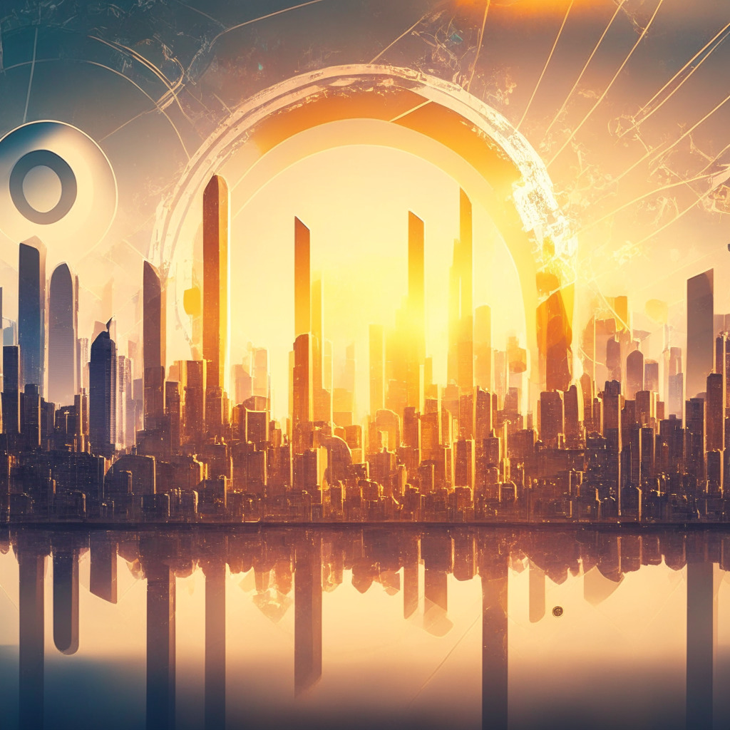 Sunrise over an abstract cityscape representing a decentralized future, assorted crypto coins gently floating, echoing a sense of alignment, optimism, and a hint of tension. Subtle regulatory structures gently interwoven into the skyline, Ethereum's logo prominently standing out. The mood is hopeful, lighting warm and inviting - a visual balance of regulation and innovation.