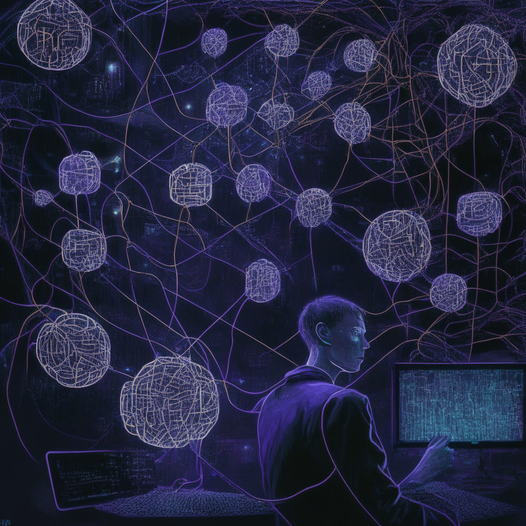 A dark, sophisticated study filled with monitors streaming lines of complex code. Ethereum co-founder Vitalik Buterin, captured mid-action transferring significant amounts of ETH with a serious, calculated expression. Stylistically Futurist influenced, cables weaving past glowing globe-like nodes represent multiple exchanges. Notably, a descending scale symbolizes a slight price dip. The scene shimmers in neon midnight hues for a sense of intrigue.