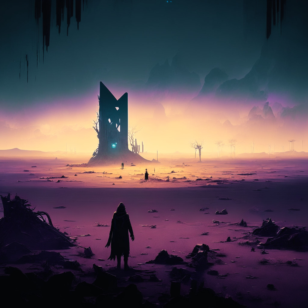 Cyberpunk themed landscape, barren lands with surreal, eerie light setting. Center-stage, a symbolizing Ethereum coin, fading into the digital ether, representing financial loss. In the background, shadowy figures symbolizing hackers, with a giant SIM card hovering ominously above, stark tones of anxiety and wariness resonating. Also depict a glimmer of hope through a rising sun on a horizon, symbolizing recovering measures in the corner.
