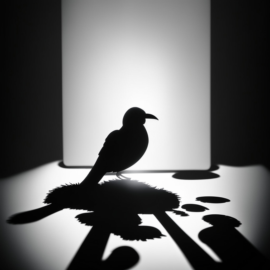 A noir-style scene of a phone with a swapped out SIM card, the scene casting long shadows. On the screen, the silhouette of a crypto coin subtly visible. Background should hold an abstract representation of a breached Twitter bird, looking startled. Convey a mood of high alert, trepidation.