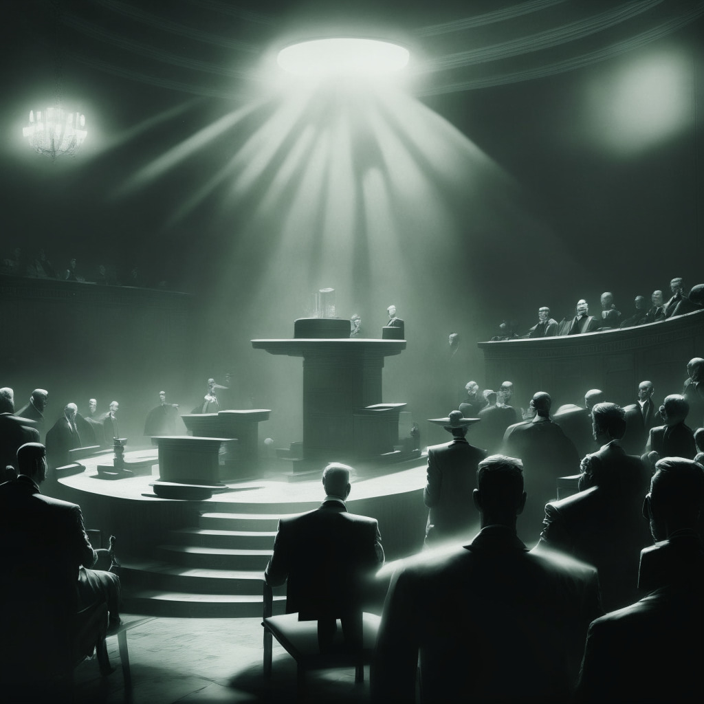Dystopian courtroom scene in muted, monochrome tones, Bureaucrats and crypto enthusiasts clash over the framework of a new financial era, Spotlight illuminates an Ethereum coin on the stand, hint of green to denote potential for growth, High-contrast light setting, Tension palpable, Displaying resilience amidst resistance.