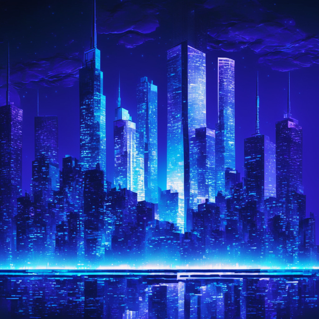 A nighttime financial district skyline reflecting vibrant, impressionistic shades of blue and purple. At the forefront, a combination of Bitcoin and Ethereum coins rising, signifying growth and strategic alliance, cast in ambient warm light, exuding an optimistic mood. The skyscraper glitters with adaptive-energy windows, symbolizing progressive crypto market developments, resistance at $27,100, and agile market shifts.