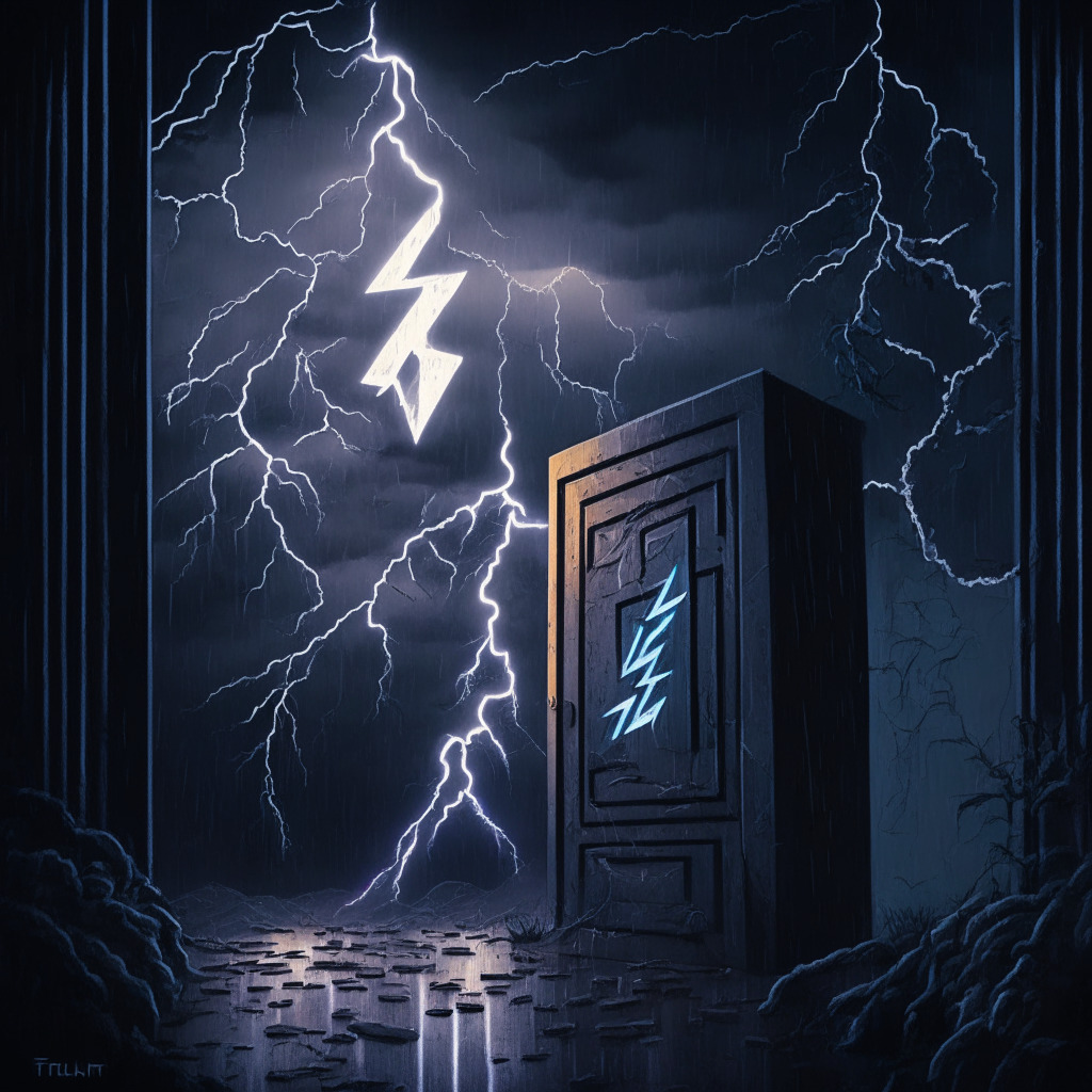 A stormy night scene unveiling two contrasting realities in the cryptoverse, a disrupted Ethereum Layer 2 network under a bolt of lightning representing its sudden outage, slowly restoring its block production, evoking a sense of recovery and resilience. On the other side, a closed-door signifying the voluntary discontinuation of Genesis Global Trading's spot trading service, embodying the harsh competitiveness of the crypto landscape. Palette to exude sober and contemplative mood.
