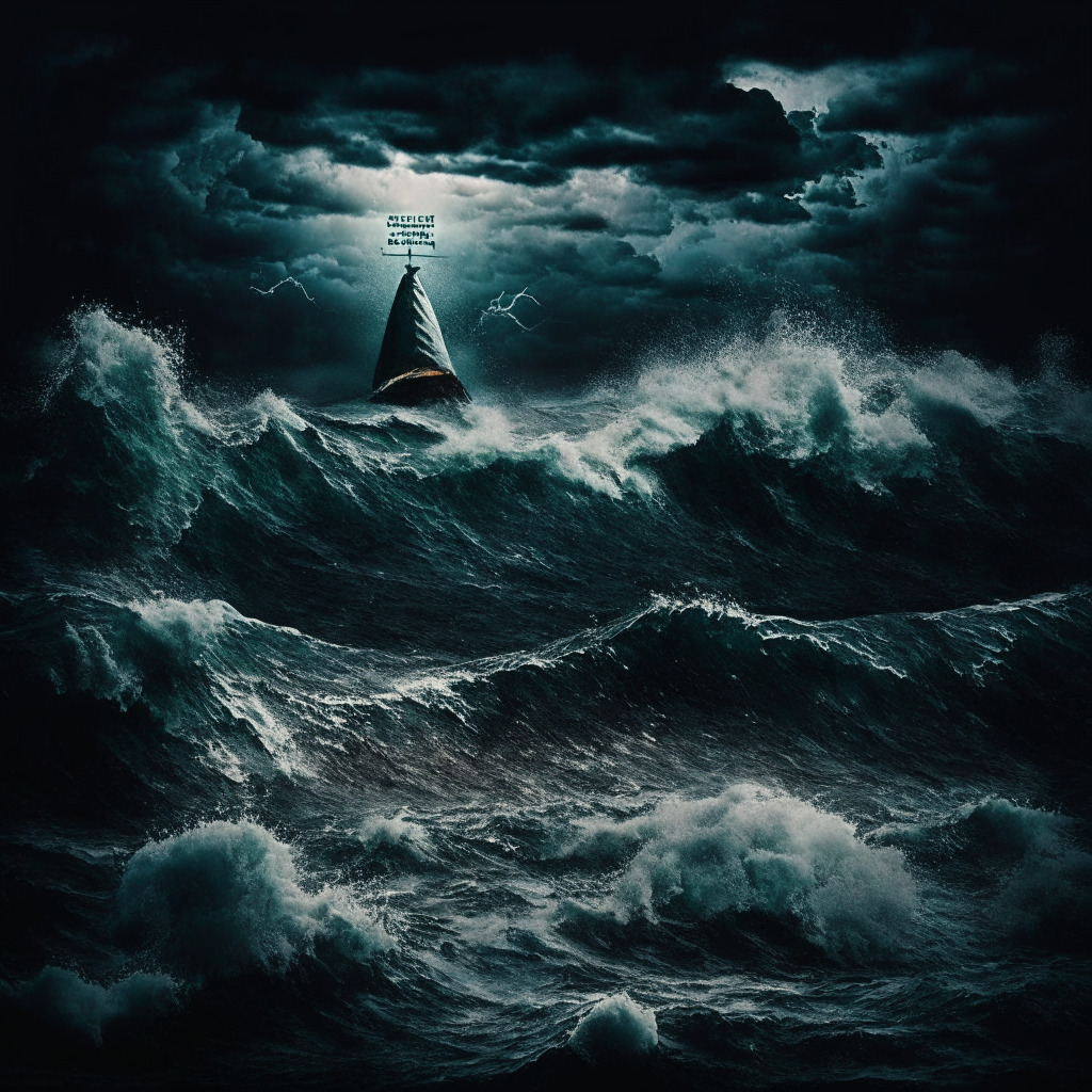 A turbulent sea under a dark stormy sky, waves representing the fluctuating crypto market, a resilient Ethereum coin navigating the rough waters, the threatening US regulatory storm looming. High network fees symbolized by threatening sharks, a faint beacon of hope symbolizing the potential climb. The mood is suspenseful, filled with uncertainty, highlighting a potential return to $1850 mark.