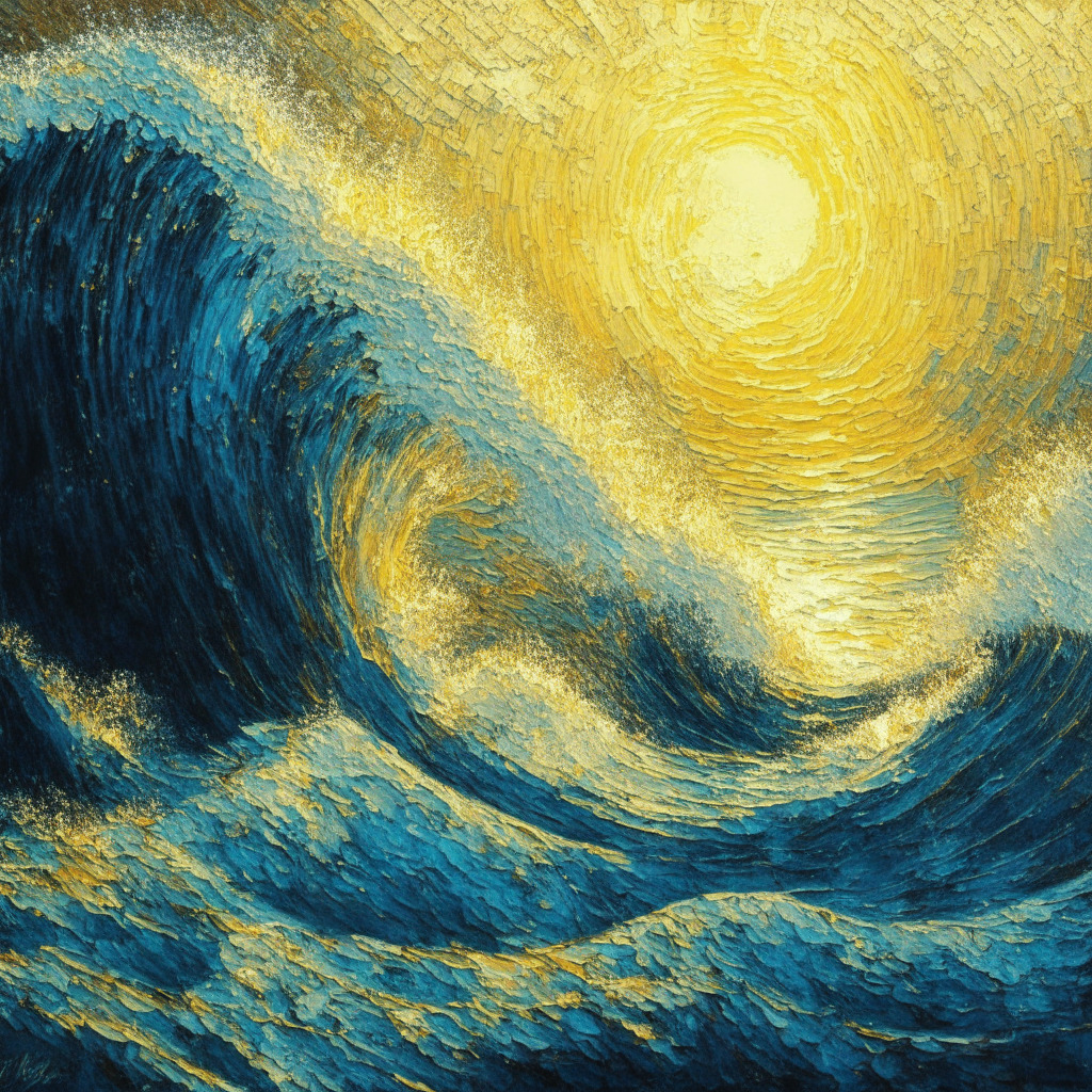 An abstract image of a surging ocean wave representing the surge in Ethereum network's activity, bathed in a glittering golden light symbolizing the promise of Ether's future. The painting should be in the style of impressionism, with the sea representing the ebbs and flows of the crypto sector. The mood should be anticipatory and cautiously optimistic, full of swirling energy and potential growth, but also an undertone of uncertainty and the unknown.