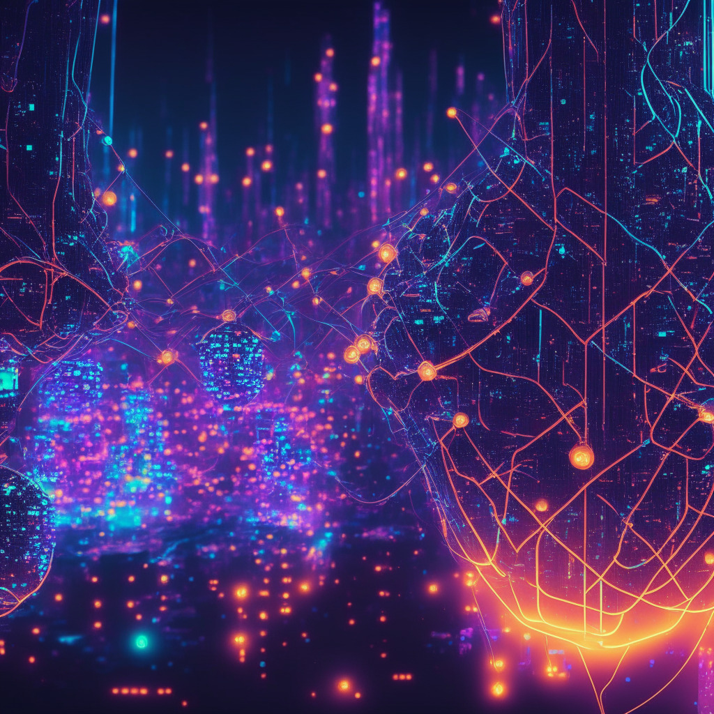 A futuristic cityscape at twilight, illuminated by neon lights. The dominant structures are complex, computerized systems representing Ethereum blockchain. Tangles of chains represent the central command in vivid colors against a backdrop of a web of interconnected nodes depicted as glowing, ethereal orbs. An emerging pathway, marked by droplets of liquid light, symbolizes the decentralization, challenging the dominant structures. Wave-like patterns in luminescent white represent the SSV network spreading through the scene. Artistic style: cyberpunk. Mood: dramatic, anticipatory.