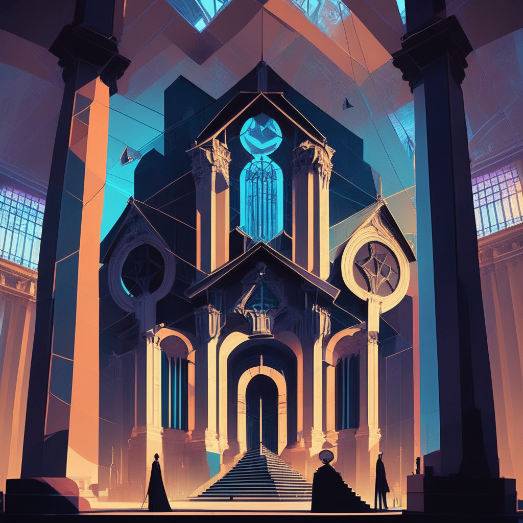 An intricate, neo-Gothic courthouse surrounded by digital Ethereum symbols, bathed in the soft glow of dawn - a symbol of serene authority. Animated legal figures representing smart contracts, depicted in a richly colored cubist style, argue their cases. Mood: anticipation, resolve.