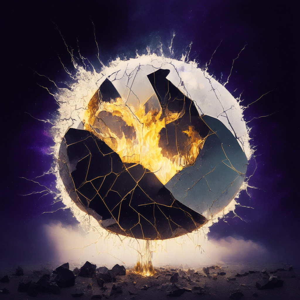 Dramatic depiction of Ethereum's transition from Proof-of-Work to Proof-of-Stake, visually represented by a cracked coin metamorphosing into a luminous sphere. Incorporate the aesthetics of a burning process symbolizing removed Ether. Reflect the uncertain mood under cloudy twilight skies, potential hope blooming in the form of an emerging upgrade symbol. Ensure a sustainable, minimalistic art style.