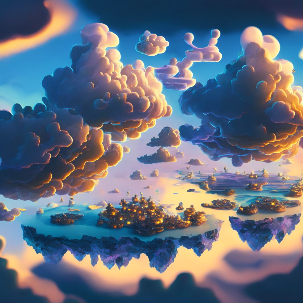 Mystical blockchain islands floating in the cyberspace, bright interconnections symbolizing shifting alliances, dynamics captured in swirling clouds, forming faces of Vitalik Buterin and Rune Christensen. Bold tokens changing hands in a marketplace glowing with soft evening light, backed by an abstract Solana blockchain structure in the horizon. Mood is speculative, mirroring the uncertain future of MakerDAO.
