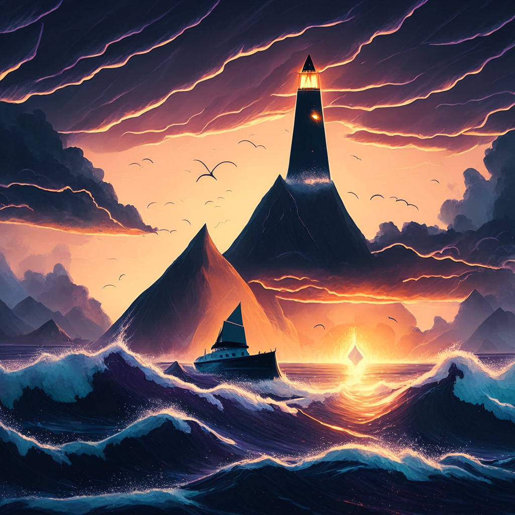 Sundown over digital mountains, under a stormy sky, symbolizing Ethereum's downturn and upcoming recovery, luxurious Gloomth style, a candlelit glow reflecting the market's instability. A single boat sailing up a turbulent sea, symbolizing buyers leveraging ETH's price. A large whale moving towards a distant lighthouse symbolizing Coinbase, the ethereal mood of the image indicating the uncertainty yet hope for the future.