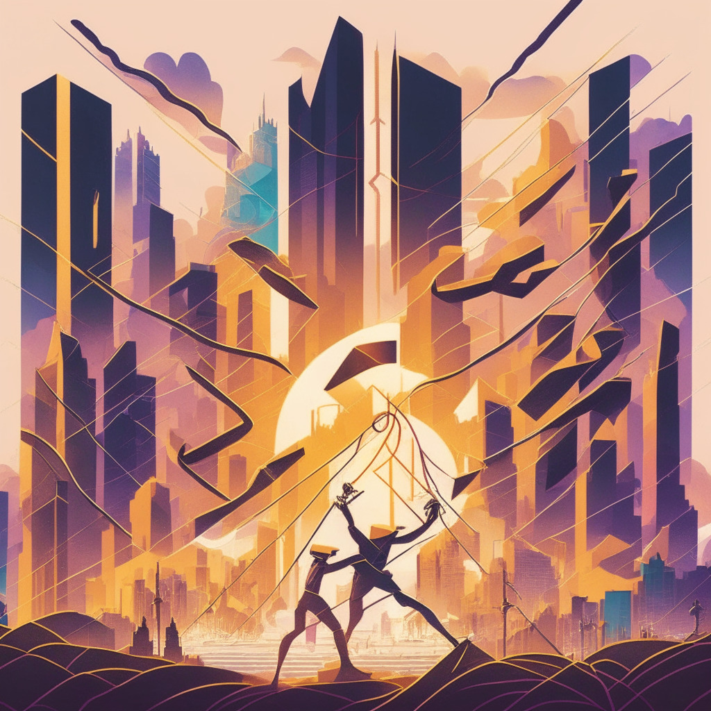 An abstract imaginative illustration of stylized Ethereum logo as a city of tall, intricate skyscrapers, bathed in soft sunset hues, embodying decentralization. AI characters representing staking entities are holding a rope in a tug of war game, signifying the 22% validator cap debate. The visual tone is intense yet balanced, with a surreal, futuristic approach.