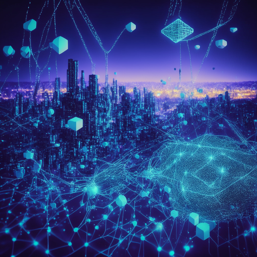 A phosphorescent, avant-garde rendering of a futuristic digital cityscape, symbolic of Ethereum's new 'Holesky' testnet. The image carries an aesthetic of optimism and innovation. Hyper-realistic version of network nodes are brightly lit up, submerged in the cool shades of the evening sky, representing an enhanced Ethereum network. The mood is energetic, hinting at increased scalability. Bioluminescent organisms symbolize the 'proof-of-stake' blockchain indicating sustainability.