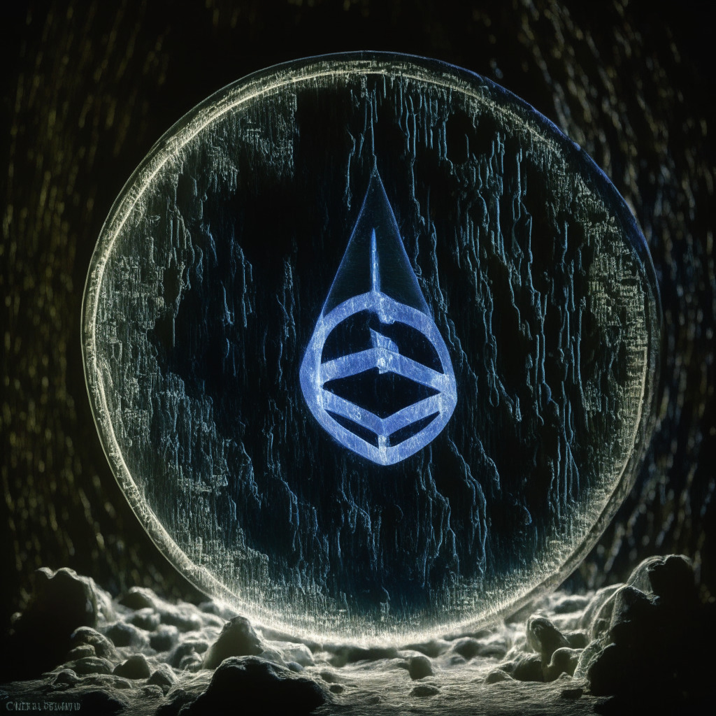 Ethereum coin glows softly in a dark, cybernetic space, displaying its proof-of-stake transition symbol carved intricately on its weathered surface. Shadows symbolizing deflation and inflation struggles dance around. Hints of a looming regulatory cloud hover ominously, casting cold, diffused light. Yet, a hopeful warmth permeates from liquid staking protocols, symbolized by luminous drops falling into the staking pool at the coin’s base. The overall mood is futuristic and contemplative, painted in a post-impressionistic style.